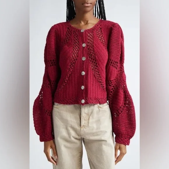 New! FARM Rio Flower Crochet Knit Burgundy Rec Cardigan ♥️ Small NWT! - Picture 11 of 12